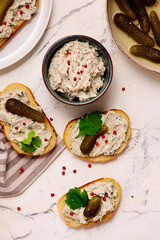Sardine and cream cheese rillettes with gherkins .top veiw