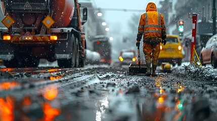 Road workers and road construction equipment are laying a new asphalt surface at a construction site. - obrazy, fototapety, plakaty