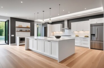 Kitchen interior in beautiful new luxury home with kitchen island and wooden floor