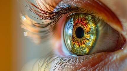 human eye with an iris in shades of yellow and green, illuminated from above.
Concept: illustrations of ophthalmology, vision treatment, diagnostic eye procedures, innovative technologies - obrazy, fototapety, plakaty
