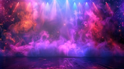 Empty stage with bright neon lighting and special effects for theater performance or dance