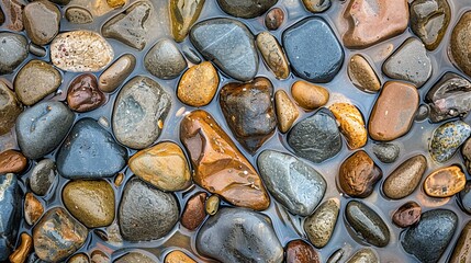 Top view of smooth polished stones of various colors and sizes with water droplets. The stones are arranged in a random pattern.
