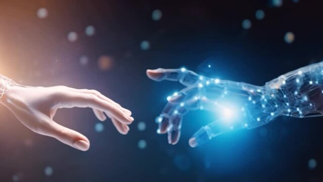 concept of AI helping people, cooperation at work with modern futuristic background, ai generated
