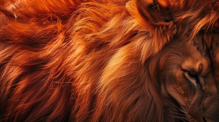 A close up of a lion's mane. The lion's fur is a deep golden color and it is very thick. - obrazy, fototapety, plakaty