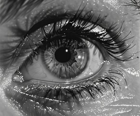 A black and white close-up shot of a human eye with pronounced eyelashes and light reflections.
Concept for: medical articles on vision, ophthalmological services and diagnostic procedures - obrazy, fototapety, plakaty