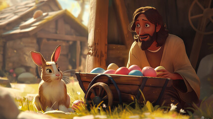 Cartoon style of Jesus with an colorful Easter basket and Easter Bunny. Christian holiday Concept. Movie frame simulation.