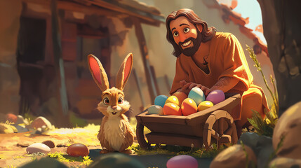 Cartoon style of Jesus with an colorful Easter basket and Easter Bunny. Christian holiday Concept. Movie frame simulation.