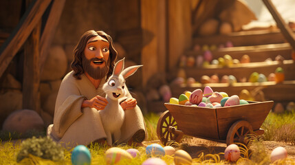Cartoon style of Jesus with an colorful Easter basket and Easter Bunny. Christian holiday Concept. Movie frame simulation.