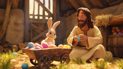 Cartoon style of Jesus with an colorful Easter basket and Easter Bunny. Christian holiday Concept. Movie frame simulation.