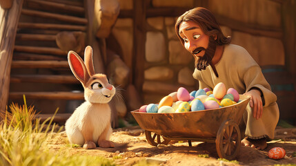 Cartoon style of Jesus with an colorful Easter basket and Easter Bunny. Christian holiday Concept. Movie frame simulation.