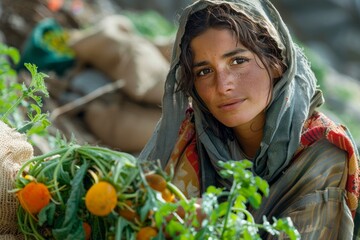 Portrait of woman working on a vegetable plantation. Growing healthy food concept. - obrazy, fototapety, plakaty