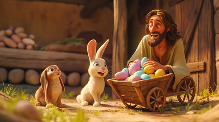 Cartoon style of Jesus with an colorful Easter basket and Easter Bunny. Christian holiday Concept. Movie frame simulation.