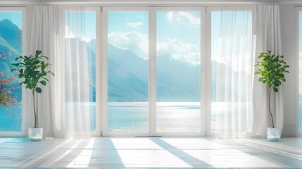 Empty bright room with large French windows with white curtains overlooking the mountains and sea