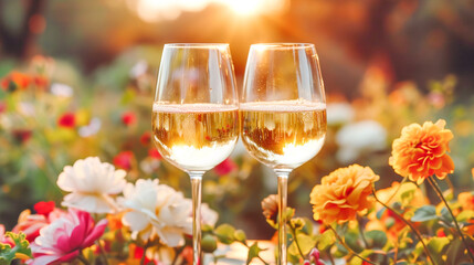 Two glasses with white wine among flowers at vineyard in golden sunlight