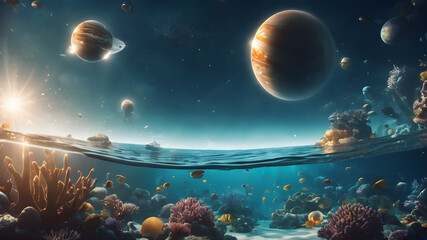 Cosmic planet surface, futuristic celestial bodies, galaxy stars and comets  under water - obrazy, fototapety, plakaty