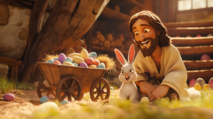 Cartoon style of Jesus with an colorful Easter basket and Easter Bunny. Christian holiday Concept. Movie frame simulation.