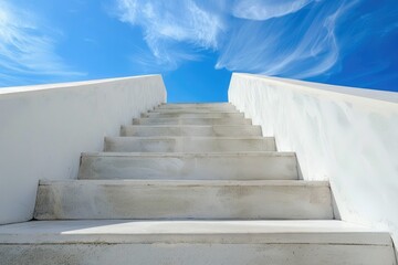 White stairway against a blue sky backdrop - Ascending white stairs reaching towards a vivid blue sky with wispy clouds, symbolizing hope and progress
