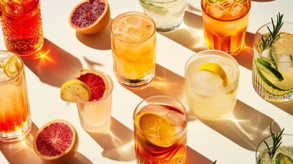 Various type of cocktails in glasses with fruit on beige background. Bright sunlight long shadows