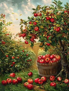 Vintage style painting of an apple harvest - A classical painting depicts a bountiful apple harvest with a wooden barrel amid lush vegetation