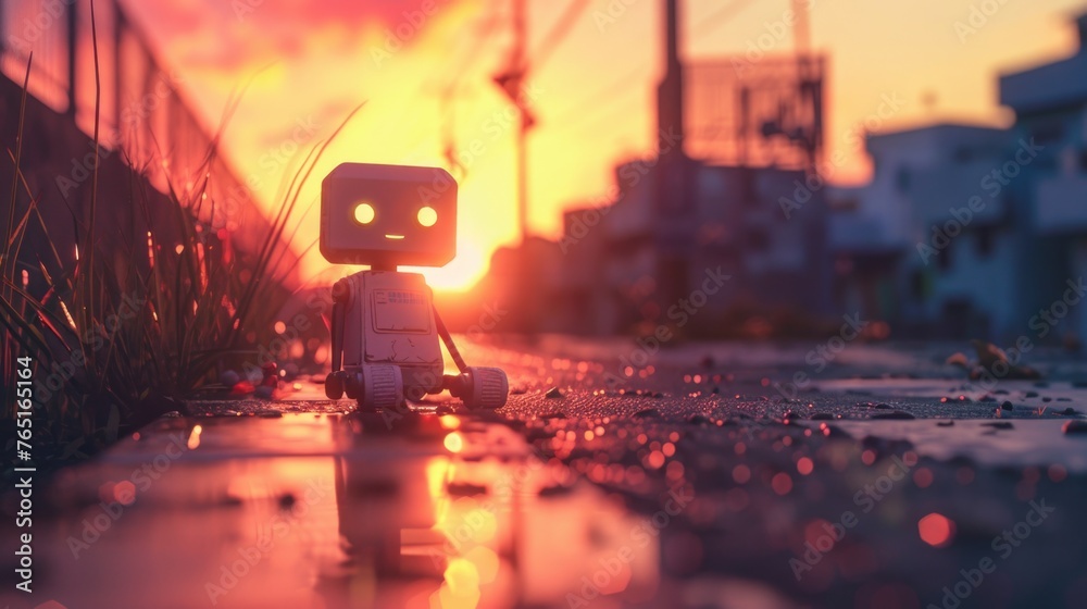 Poster toy robot sitting on a puddle of water, suitable for technology concepts