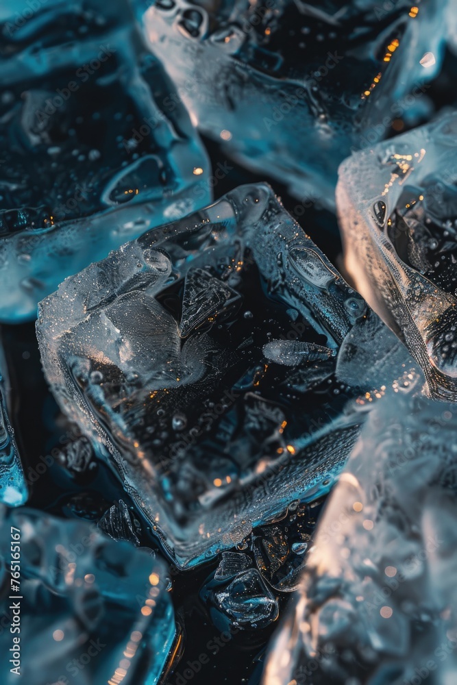 Poster a pile of ice cubes stacked on top of each other. suitable for various beverage or summer-themed des