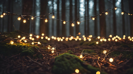 The tree is decorated with small golden lights. - obrazy, fototapety, plakaty