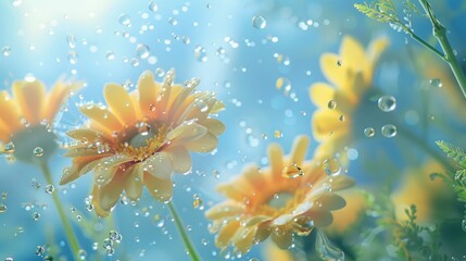 Water droplets on yellow flowers with a blue background. Springtime freshness concept.