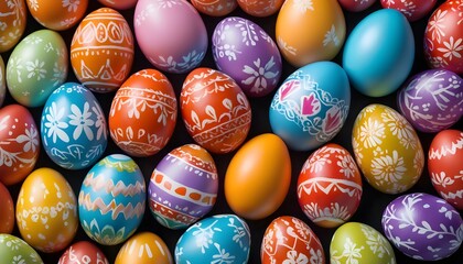 Colorful painted multitude of easter eggs, view from above - obrazy, fototapety, plakaty