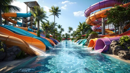 Vibrant Waterpark with Colorful Slides under Sunny Blue Sky. Perfect for Summer Fun and Family Vacations. Ideal Travel Destination. AI