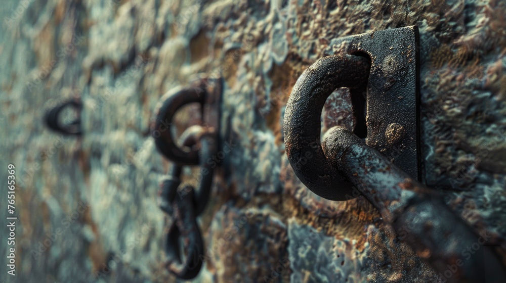 Poster a detailed close up of a door handle on a stone wall. suitable for architectural or interior design 