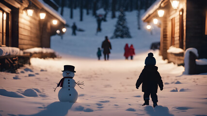  Cute snowmen standing in winter Christmas landscape. Happy children in winter time. Cute little...