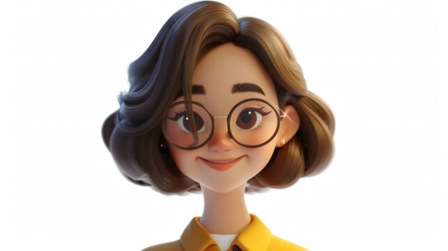 3D rendering of a young woman with short brown hair and brown eyes. She is wearing glasses and a yellow shirt. She has a friendly smile on her face.