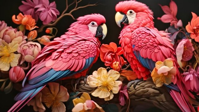 tropical leaves greenery with green leaves and colorful parrot birds over black background