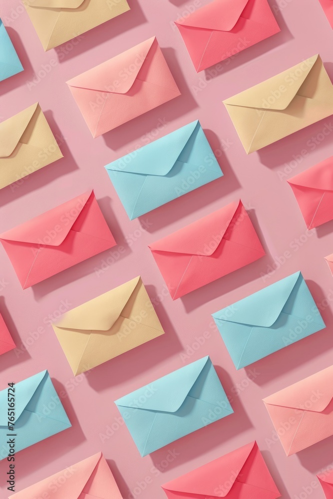 Poster Various colored envelopes on a vibrant pink background. Ideal for stationery and mailing concepts