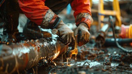 A man in an orange jacket working on a pipe. Suitable for industrial concepts - obrazy, fototapety, plakaty