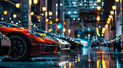 Sleek sports cars lined up at night on a city street. Urban elegance and automotive style captured in a vibrant photo. Ideal for modern lifestyle themes. AI - obrazy, fototapety, plakaty