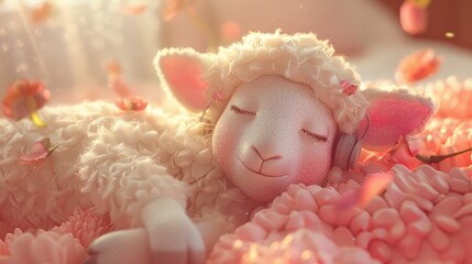 Close-up of a little lamb lying in bed listening to music before bed, pastel in color. 