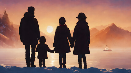 Obraz premium Silhouette of family members on sunset