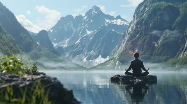 A person sitting on a rock in the middle of a serene lake. Perfect for nature and relaxation concepts