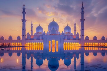 A photo of a massive white building with a multitude of windows, The breathtaking Sheikh Zayed Grand Mosque at twilight, AI Generated - Powered by Adobe