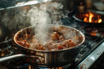 A pot of food cooking on a stove. Suitable for culinary concepts