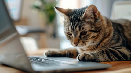 A curious cat sits mesmerized by the glowing laptop screen. Its eyes reflect intelligence and curiosity, creating a charming and captivating scene with a cozy background.