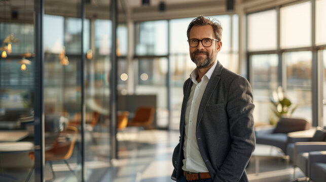 HR professional in a modern corporate office surrounded by glass walls and minimalist furniture.
