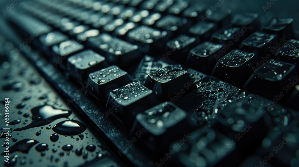 Aufkleber Close up of a computer keyboard with water droplets, suitable for technology concepts