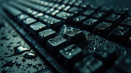 Close up of a computer keyboard with water droplets, suitable for technology concepts - obrazy, fototapety, plakaty