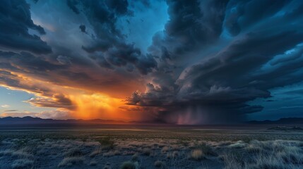 Fototapeta na wymiar Dramatic Storm Clouds Gathering Over a Desert Landscape at Sunset - High Resolution, Ultra Realistic Weather Photography.