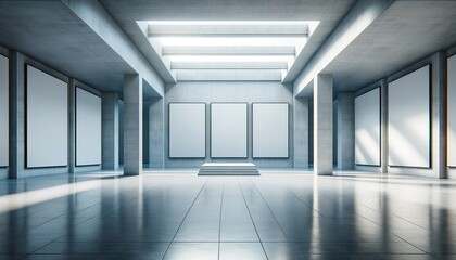 Fototapeta premium Three vertical frames Mockup hanging on wall. Mock up of billboards in modern concrete gallery room, Minimalistic gallery interior with three empty banners.