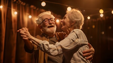 Senior Couple Dancing Together with Joy in a Warmly Lit Room. Timeless Romance, Elegant Evening. A Moment of Love Captured. AI