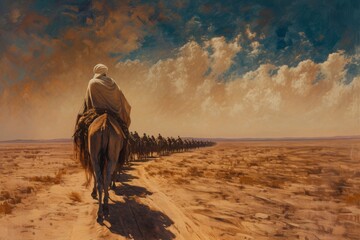 A painting depicting a man riding a camel in the vast desert landscape, The journey of an Islamic caravan through the vast deserts, AI Generated - Powered by Adobe