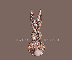 Rose glitter bunny, with "happy easter" lettering, brown background